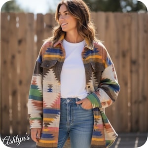 Tribal Aztec Print Shacket: Pink Brown Button-Down Relaxed Fit Women’s Jacket-Outerwear