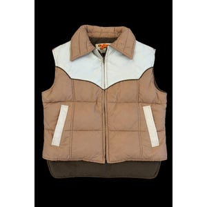 Vintage Comfy Goose Down Puffer Vest Western Yoke Tan Brown USA Made Womens S