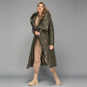 Wide Collar Khaki Long Women's Down Jacket Fluffy Coat, Maxi Hooded Puffer for Women