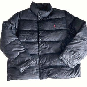 90s Polo Ralph Lauren Mens Puffer Jacket XL Black Down Filled Red Pony Logo
