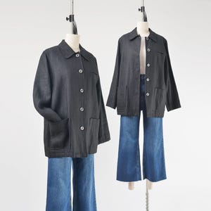 Vintage 90s Black Linen Button Down Chore Jacket by Harvé Benard size M