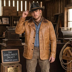 Handmade Frontier Western Outlaw Leather Jacket, Vintage Wild West Cowboy Style Coat, Rugged Heritage Field Jacket with Notch Collar