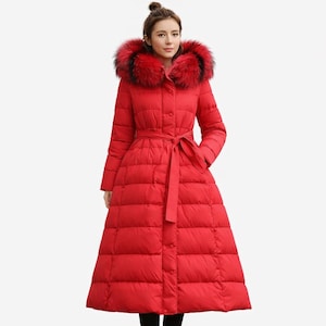 Women Long Red Puffer Coat with Fur Hood, Winter Belted Down Jacket