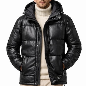 Men's Handmade Genuine Leather Hooded Puffer Jacket - Winter Coat