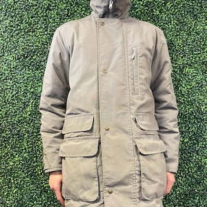 vtg 90s EDDIE BAUER LONG Puffer Jacket Medium // grey cotton shell polyester lining goose down heavy winter trench casual retro vintage coat