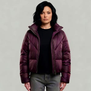 Deep Plum Puffer Jacket Quilted Iridescent Winter Coat - High-Neck Crop Down Jacket - Luxury Padded Streetwear - Insulated Glossy Outerwear